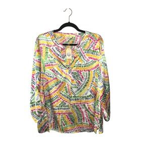 Jodifl Multi Color Abstract Print 3/4 Roll Tab Sleeve V-Neck Blouse M